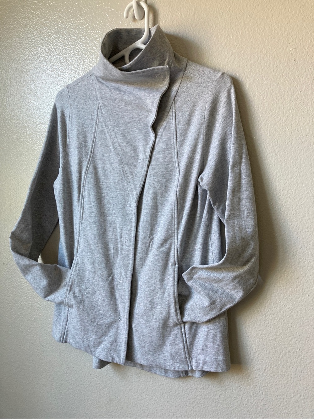 Eileen Fisher Asymmetric Snap Front Funnel Neck Organic Stretch Jacket sz S
